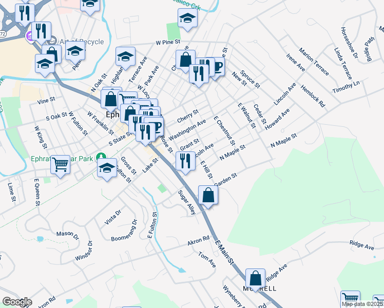 map of restaurants, bars, coffee shops, grocery stores, and more near 113 Plum Alley in Ephrata