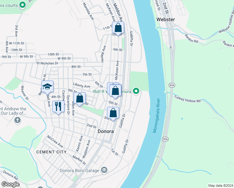 map of restaurants, bars, coffee shops, grocery stores, and more near 599 Meldon Avenue in Donora