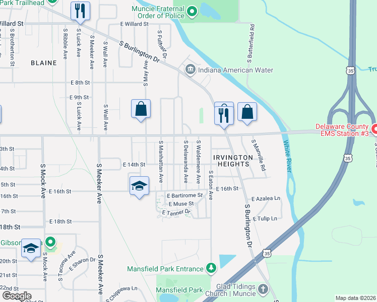 map of restaurants, bars, coffee shops, grocery stores, and more near 1913 South Waldemere Avenue in Muncie
