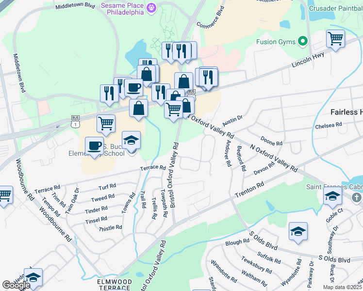 map of restaurants, bars, coffee shops, grocery stores, and more near 195 Bristol Oxford Valley Road in Langhorne