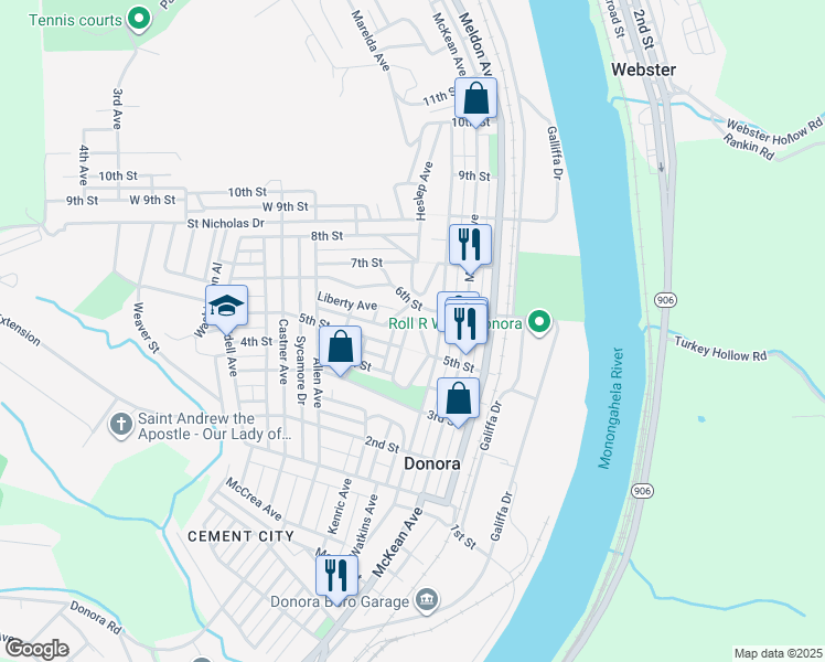 map of restaurants, bars, coffee shops, grocery stores, and more near 520 Murray Avenue in Donora