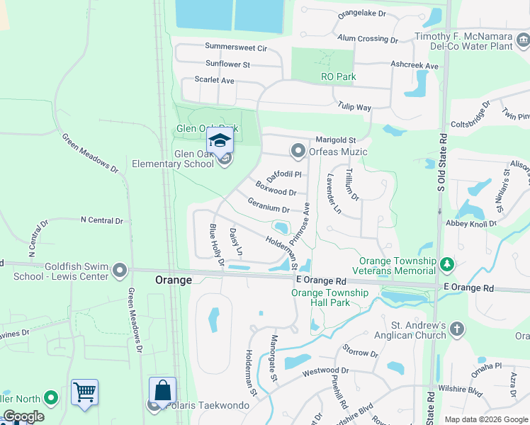 map of restaurants, bars, coffee shops, grocery stores, and more near 1564 Geranium Drive in Lewis Center