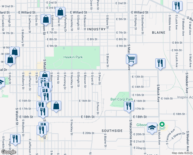 map of restaurants, bars, coffee shops, grocery stores, and more near 1215 East 13th Street in Muncie