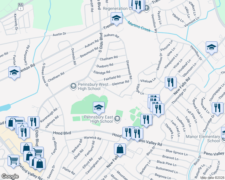 map of restaurants, bars, coffee shops, grocery stores, and more near 812 Glenmar Circle in Fairless Hills