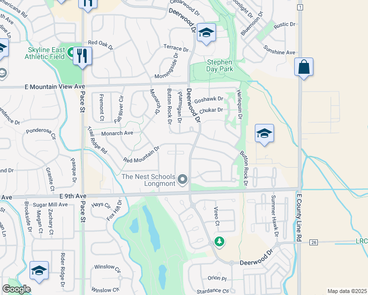map of restaurants, bars, coffee shops, grocery stores, and more near 13 Red Mountain Drive in Longmont