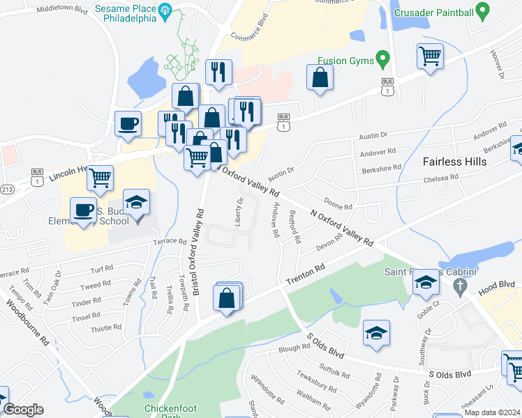 map of restaurants, bars, coffee shops, grocery stores, and more near 82 Liberty Drive in Langhorne