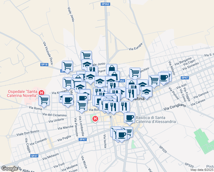 map of restaurants, bars, coffee shops, grocery stores, and more near 10 Via San Rocco in Galatina