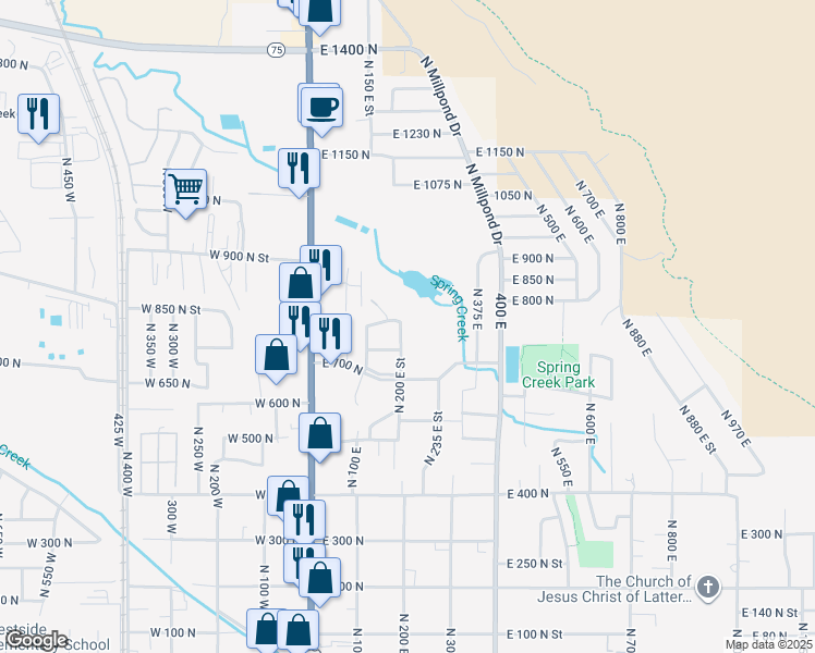 map of restaurants, bars, coffee shops, grocery stores, and more near 796 North 200 East Street in Springville