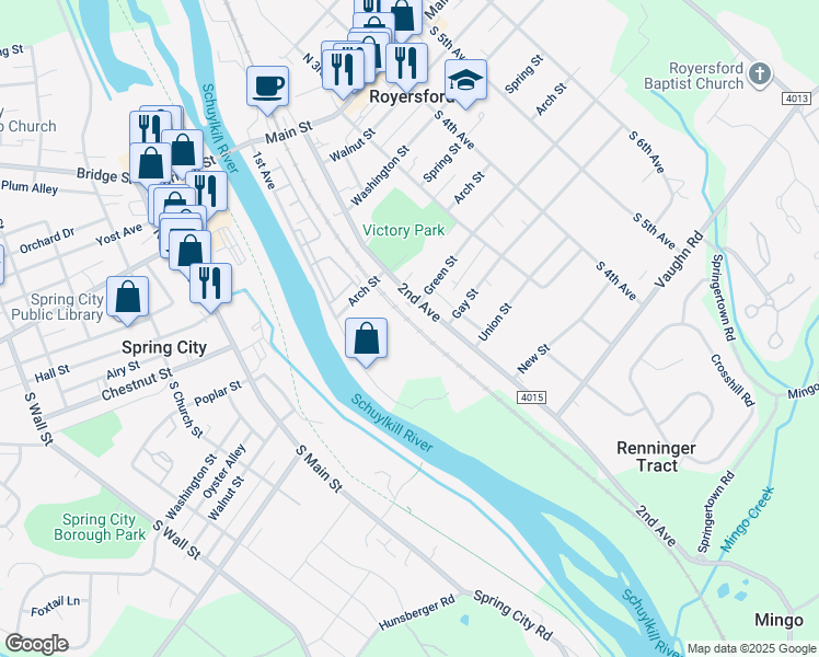 map of restaurants, bars, coffee shops, grocery stores, and more near 490 1st Avenue in Royersford