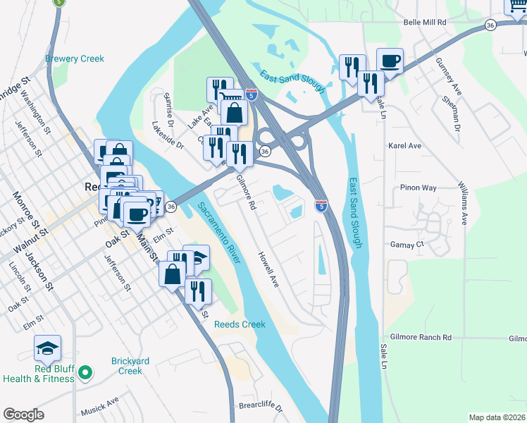 map of restaurants, bars, coffee shops, grocery stores, and more near 50 Sandy Way in Red Bluff