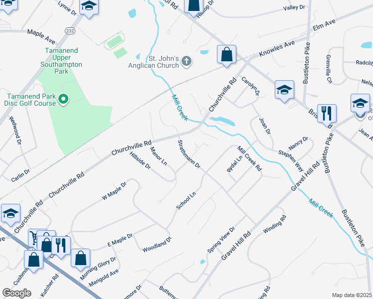 map of restaurants, bars, coffee shops, grocery stores, and more near 1239 Strathmann Drive in Southampton