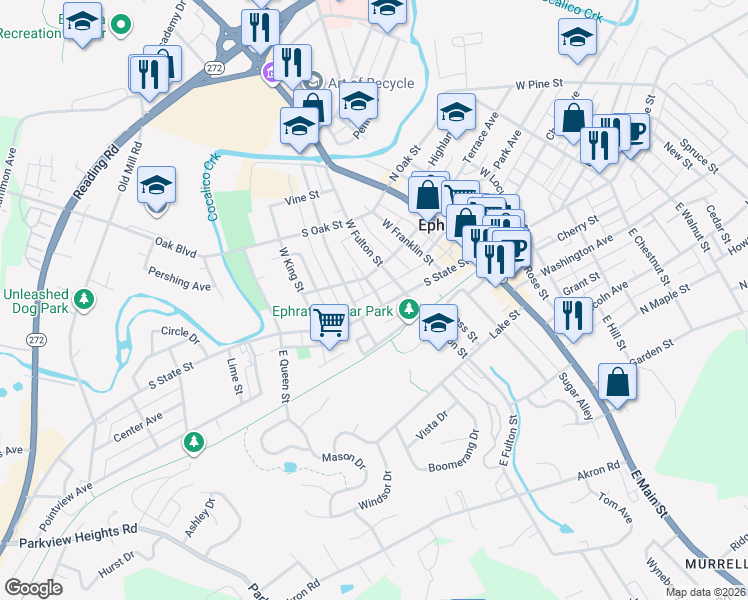 map of restaurants, bars, coffee shops, grocery stores, and more near 233 Hunter Alley in Ephrata