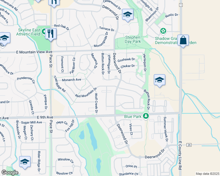 map of restaurants, bars, coffee shops, grocery stores, and more near 13 Red Mountain Drive in Longmont