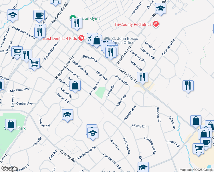 map of restaurants, bars, coffee shops, grocery stores, and more near 607 High Ave in Hatboro