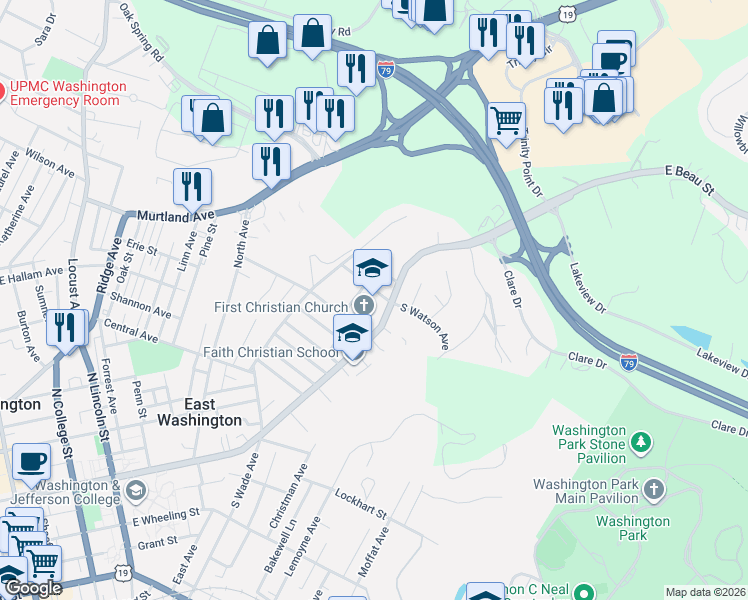 map of restaurants, bars, coffee shops, grocery stores, and more near 43 North Watson Avenue in Washington