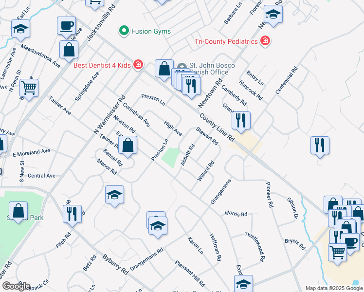 map of restaurants, bars, coffee shops, grocery stores, and more near 607 High Ave in Hatboro