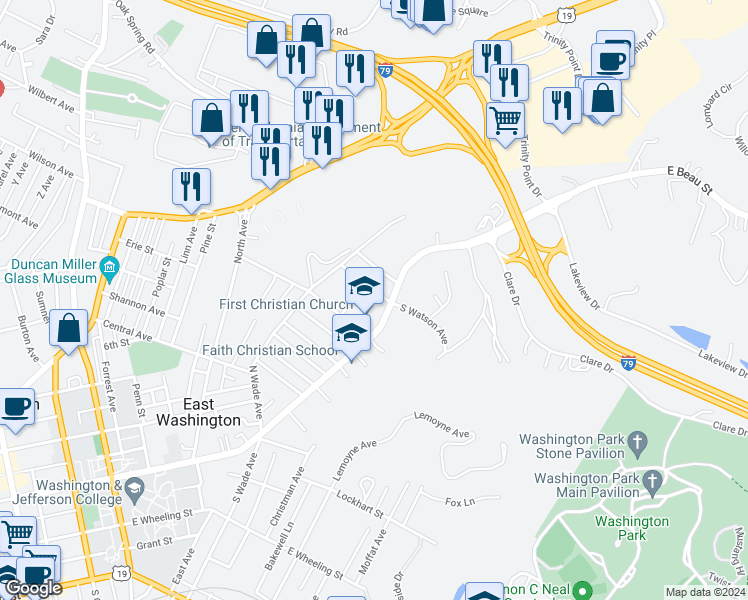 map of restaurants, bars, coffee shops, grocery stores, and more near 43 North Watson Avenue in Washington