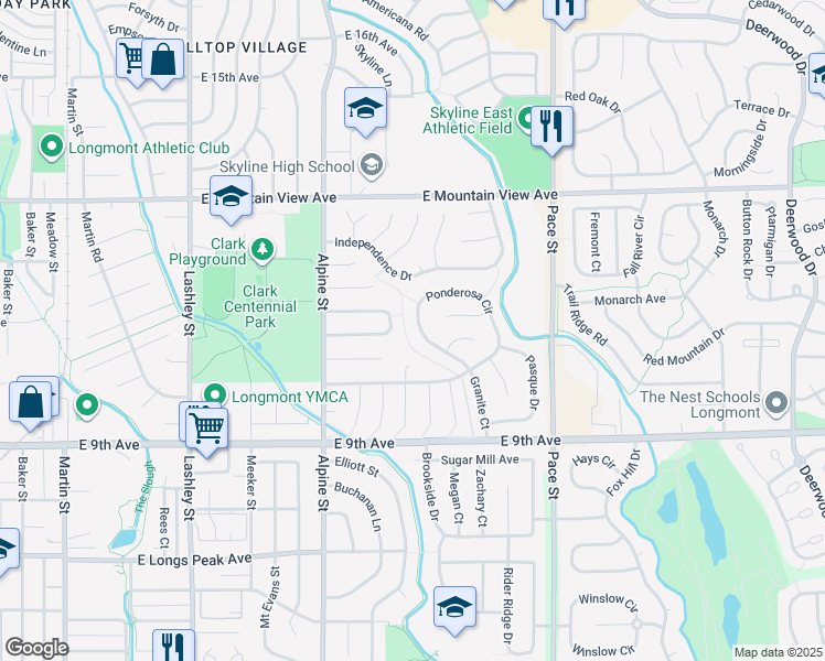 map of restaurants, bars, coffee shops, grocery stores, and more near 1029 Ponderosa Circle in Longmont
