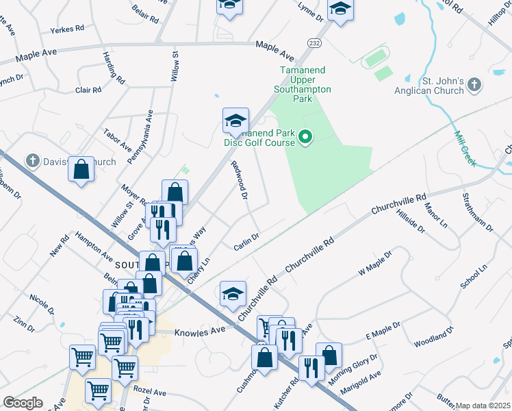 map of restaurants, bars, coffee shops, grocery stores, and more near 948 Cherry Lane in Bucks County