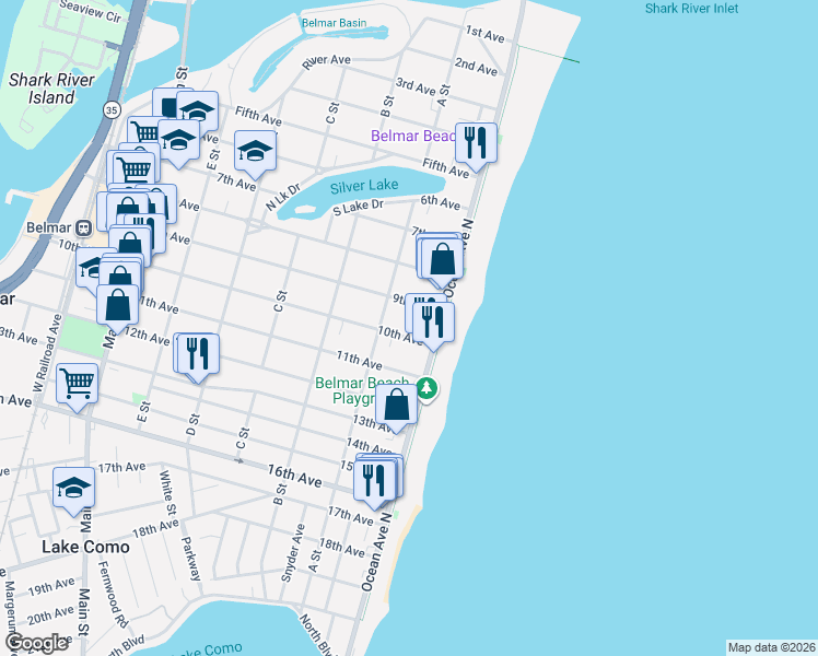 map of restaurants, bars, coffee shops, grocery stores, and more near 102 10th Avenue in Belmar