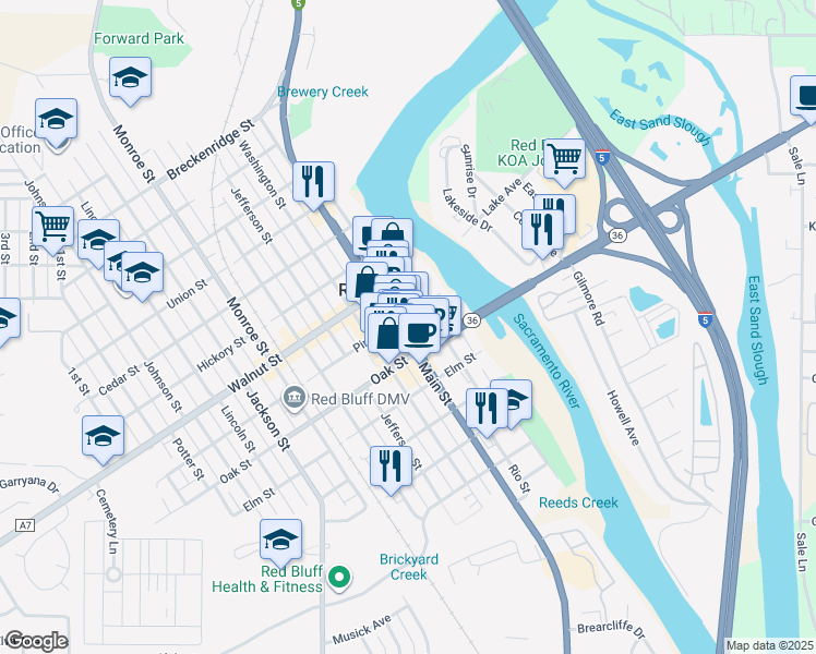 map of restaurants, bars, coffee shops, grocery stores, and more near 332 Pine Street in Red Bluff