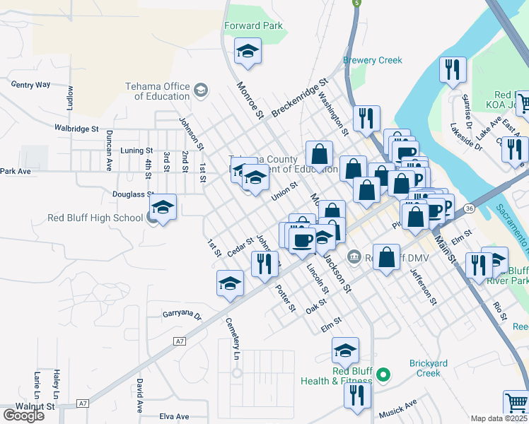 map of restaurants, bars, coffee shops, grocery stores, and more near 1043 Lincoln Street in Red Bluff