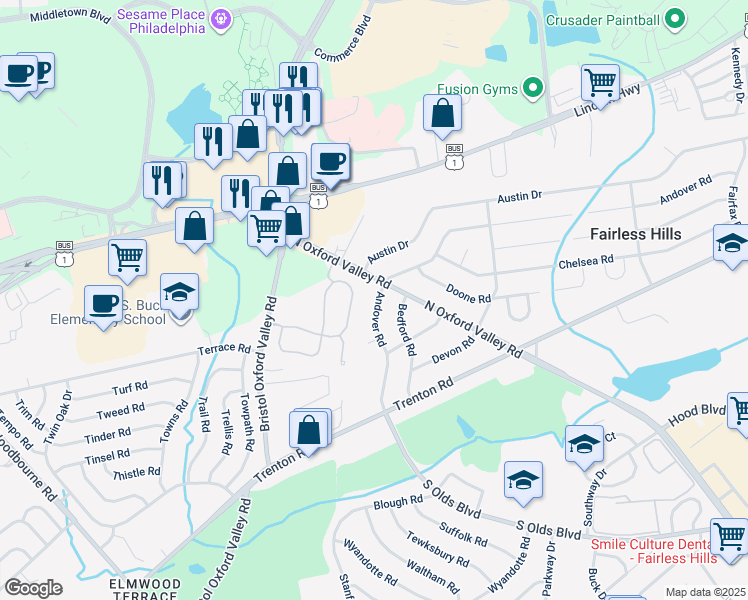 map of restaurants, bars, coffee shops, grocery stores, and more near 171 Andover Road in Fairless Hills