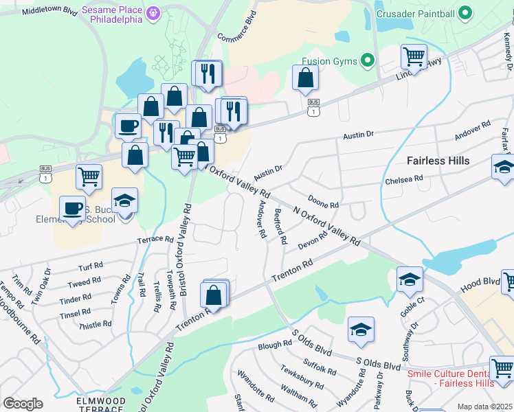 map of restaurants, bars, coffee shops, grocery stores, and more near 171 Andover Road in Fairless Hills
