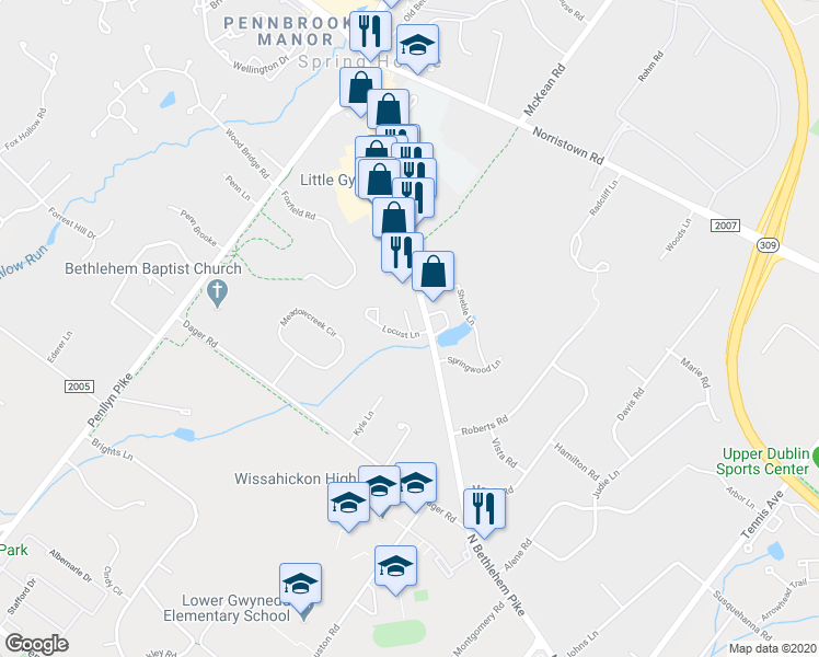 map of restaurants, bars, coffee shops, grocery stores, and more near 796 Poplar Court in Spring House