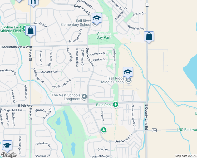 map of restaurants, bars, coffee shops, grocery stores, and more near 1520 Red Mountain Drive in Longmont