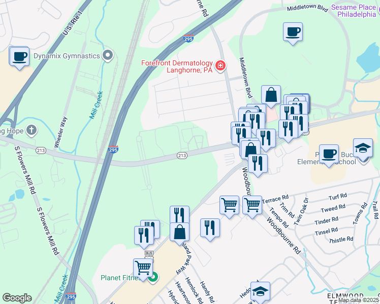 map of restaurants, bars, coffee shops, grocery stores, and more near 1800 East Old Lincoln Highway in Langhorne