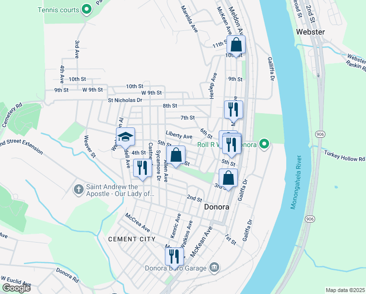 map of restaurants, bars, coffee shops, grocery stores, and more near 437 Weis Street in Donora
