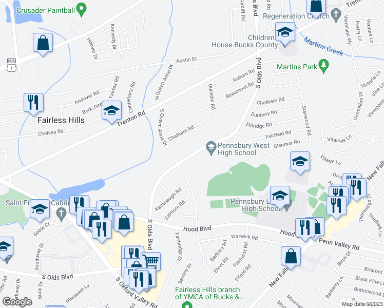 map of restaurants, bars, coffee shops, grocery stores, and more near 609 South Olds Boulevard in Fairless Hills