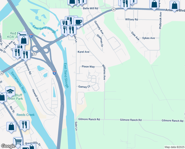map of restaurants, bars, coffee shops, grocery stores, and more near 15 Cabernet Court in Red Bluff