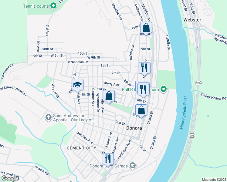 map of restaurants, bars, coffee shops, grocery stores, and more near 448 5th Street in Donora