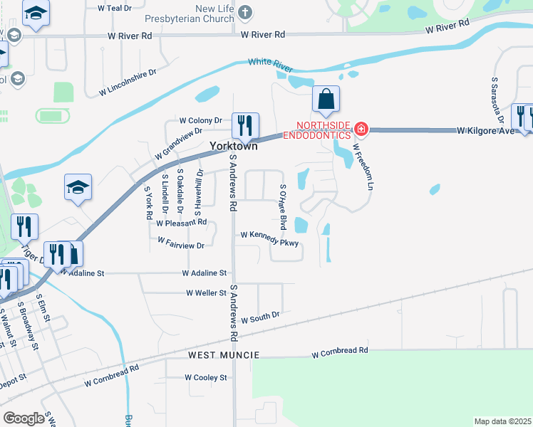 map of restaurants, bars, coffee shops, grocery stores, and more near 7900 W O'Hare Cir in Yorktown
