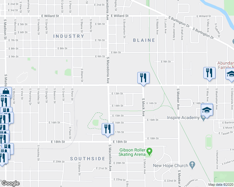 map of restaurants, bars, coffee shops, grocery stores, and more near 2000 Shipley Street in Muncie