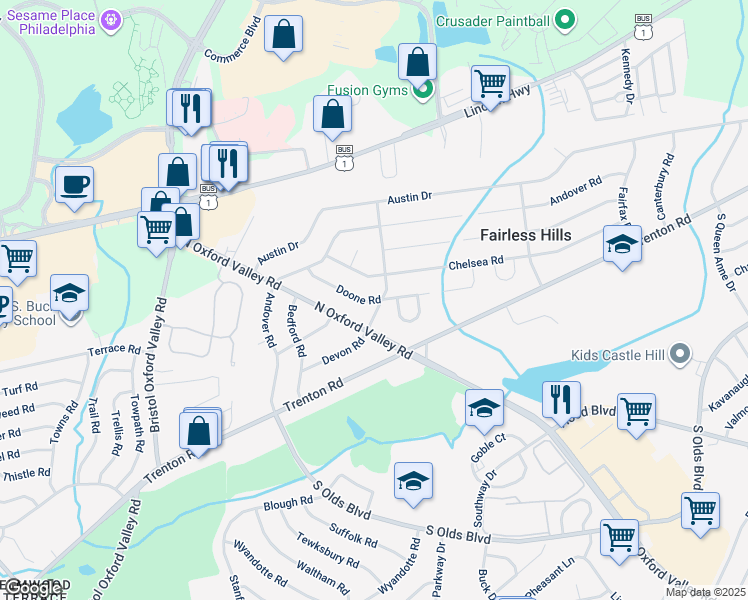 map of restaurants, bars, coffee shops, grocery stores, and more near 267 Doone Road in Fairless Hills