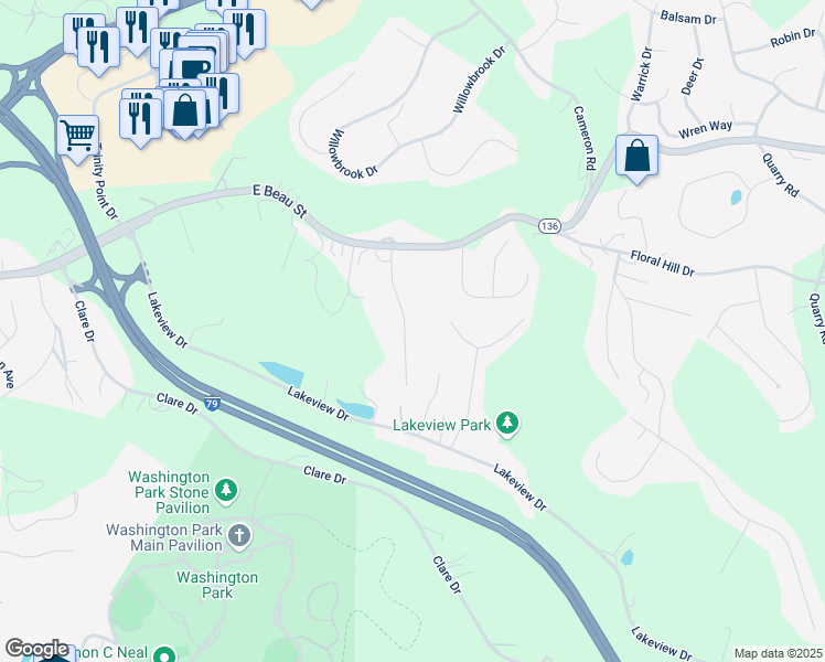 map of restaurants, bars, coffee shops, grocery stores, and more near 33 Crestvue Road in Washington