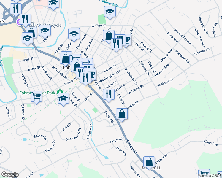 map of restaurants, bars, coffee shops, grocery stores, and more near 113 Plum Alley in Ephrata