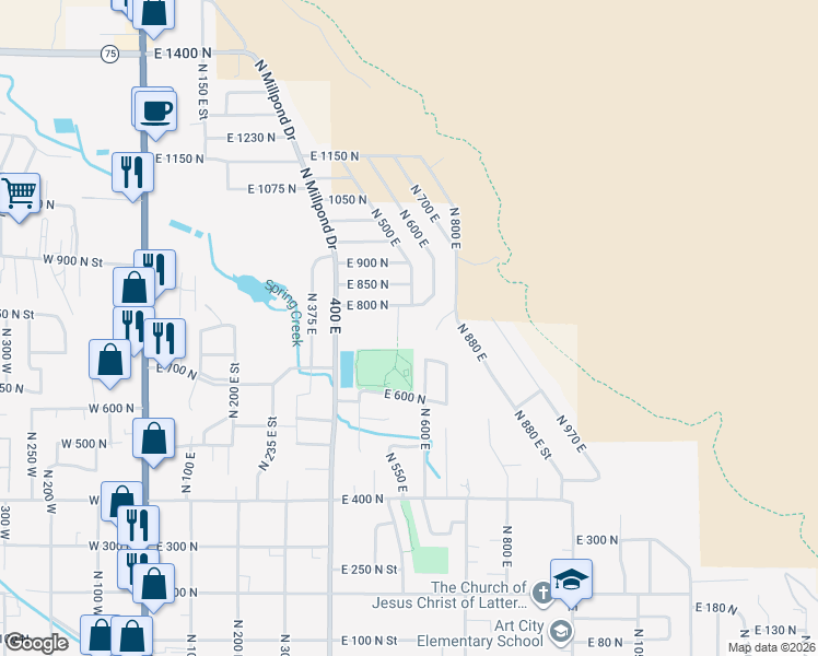 map of restaurants, bars, coffee shops, grocery stores, and more near 782 N 475 E in Springville