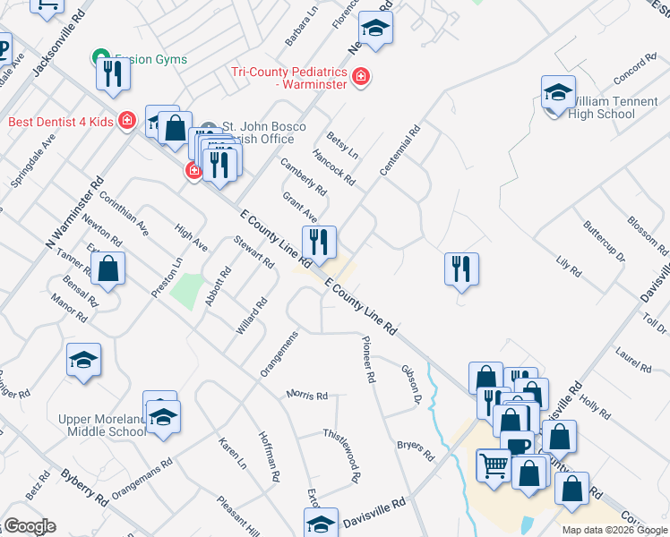 map of restaurants, bars, coffee shops, grocery stores, and more near 489 East County Line Road in Hatboro