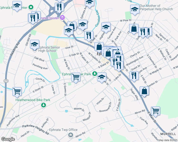 map of restaurants, bars, coffee shops, grocery stores, and more near 225 South State Street in Ephrata