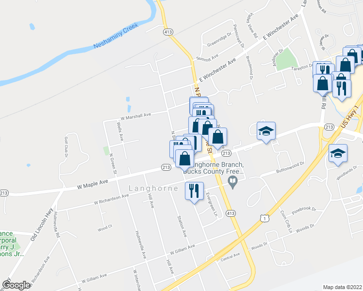 map of restaurants, bars, coffee shops, grocery stores, and more near 135 North Bellevue Avenue in Langhorne