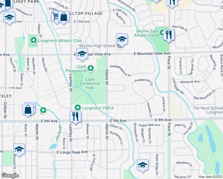map of restaurants, bars, coffee shops, grocery stores, and more near 404 Verdant Circle in Longmont