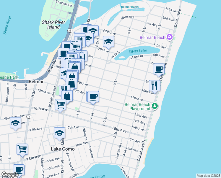 map of restaurants, bars, coffee shops, grocery stores, and more near 402 11th Avenue in Belmar