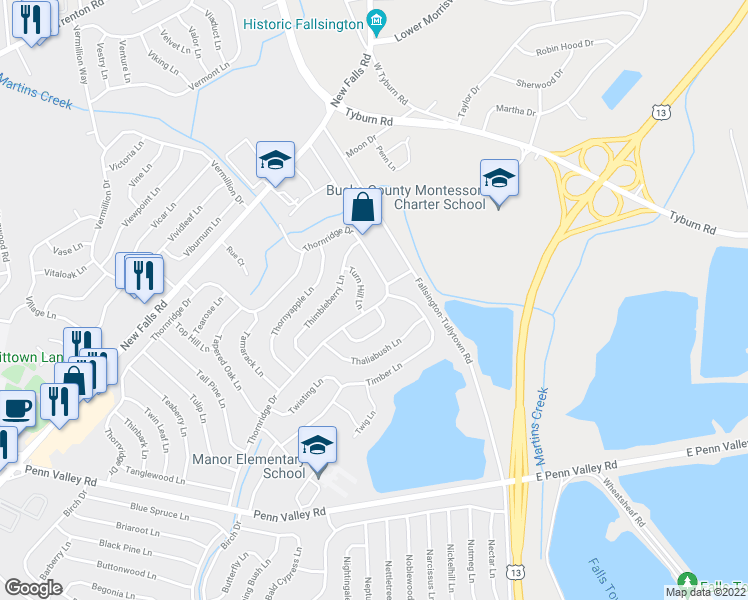 map of restaurants, bars, coffee shops, grocery stores, and more near 151 Thornridge Drive in Levittown