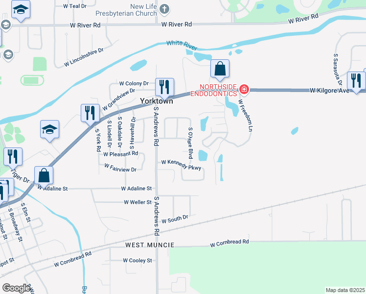 map of restaurants, bars, coffee shops, grocery stores, and more near 7900 W O'Hare Cir in Yorktown