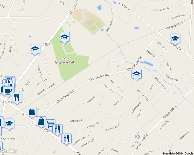 map of restaurants, bars, coffee shops, grocery stores, and more near 1160 Churchville Road in Southampton