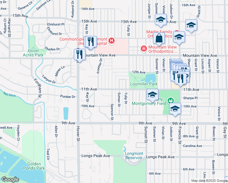 map of restaurants, bars, coffee shops, grocery stores, and more near 1050 Spencer Street in Longmont